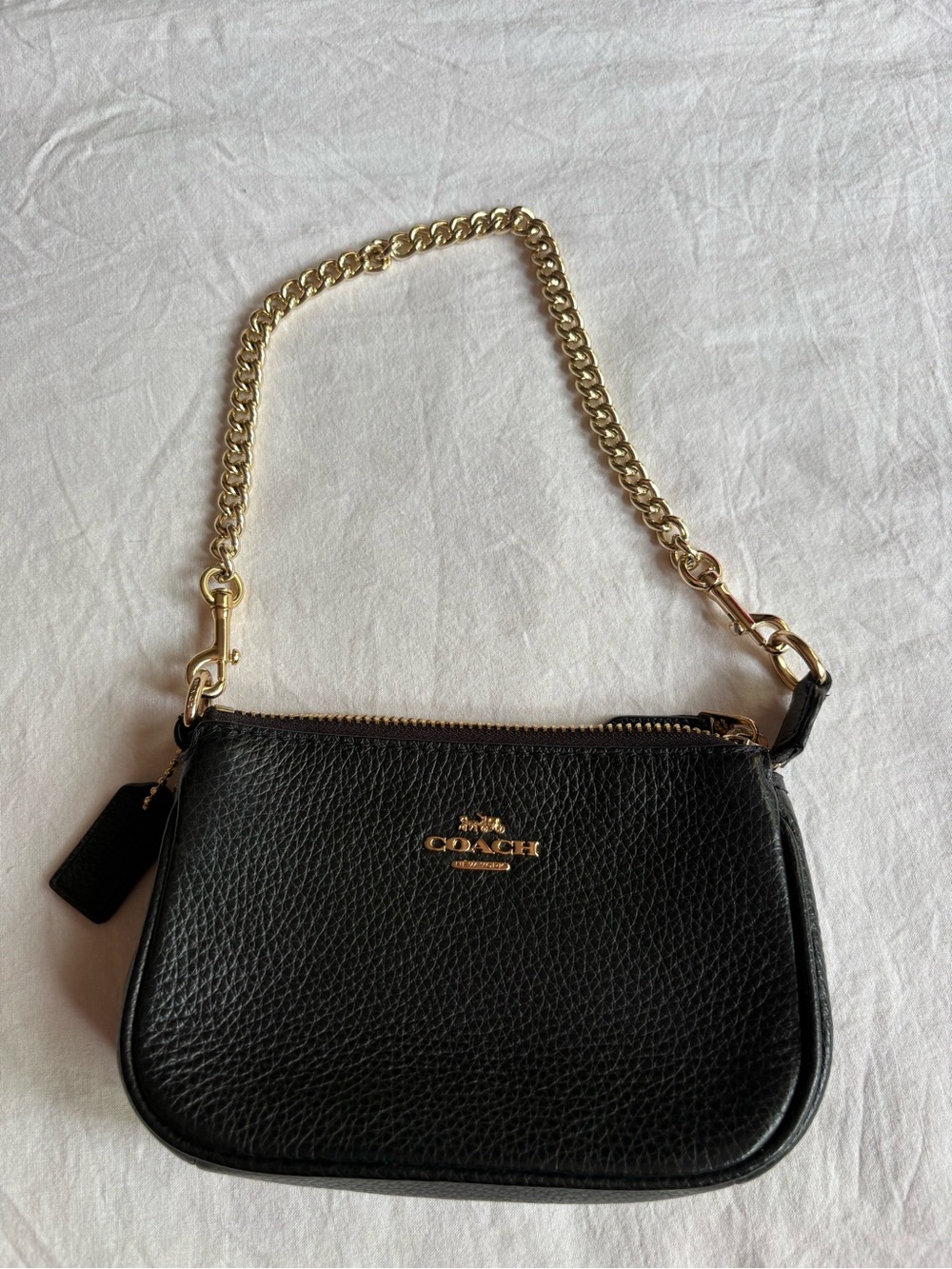 Coach Nolita15 Black Pebbled Leather Mini Wristlet with Gold Chain